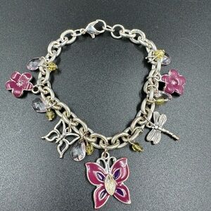 Enamel Garden Charm Bracelet Butterfly Dragonfly Flowers and Crystals